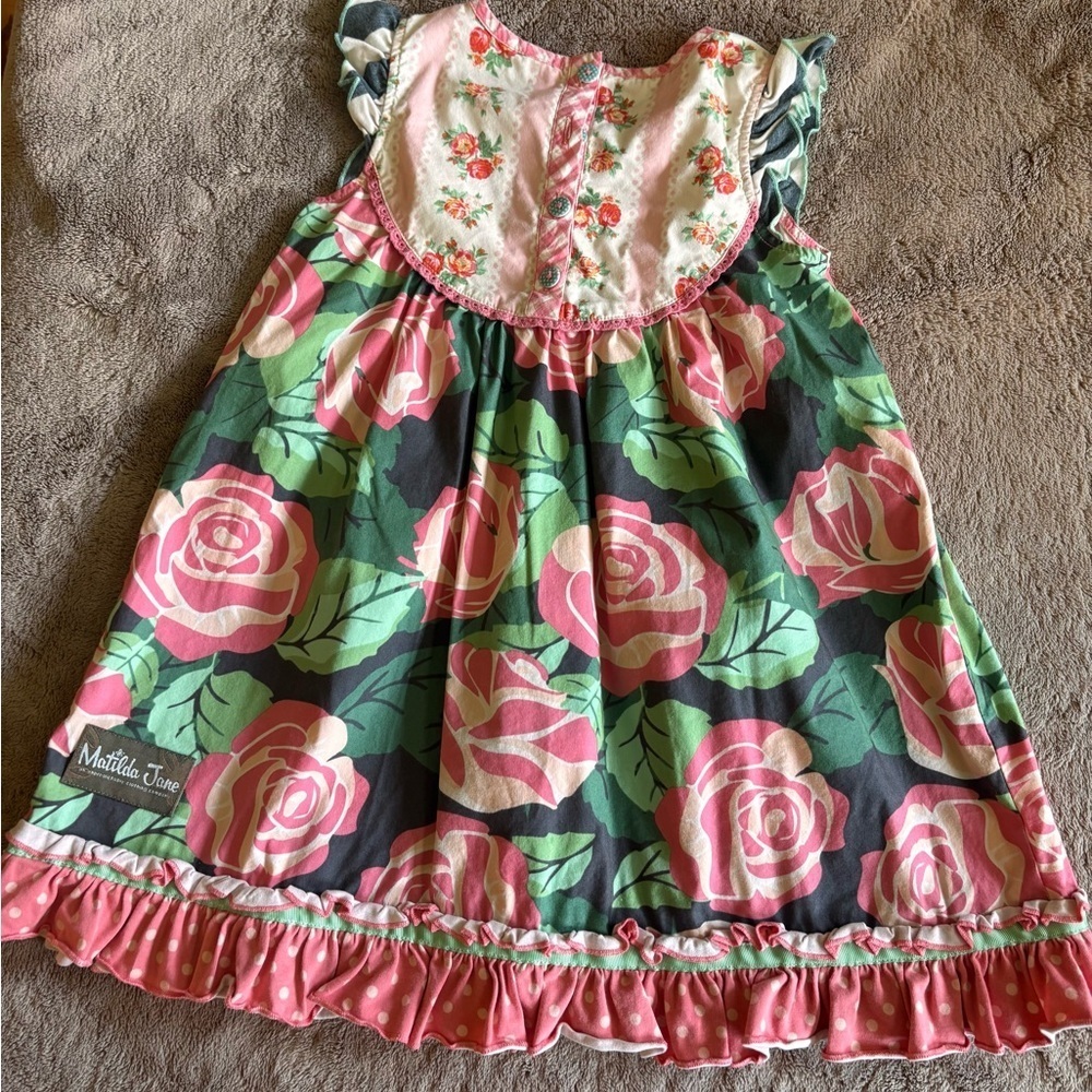 Matilda Jane Girls Floral Ruffle Dress Pink Green Rose Print Size 6 - Picture 4 of 4